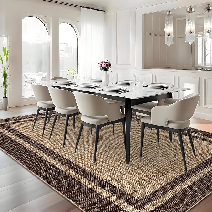 COZYLOOM 9x12 Area Rug for Bedroom Modern Washable Kids Room Rug with Rubber Backing, Stain Resistant Bordered Rugs Non Shedding Low Pile Minimalist Carpet for Living Room, Dining Room, Brown