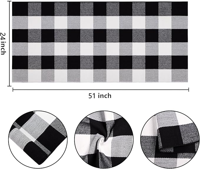 Buffalo Plaid Front Porch Rug 24''x 51''Black and White Checkered Outdoor Rug Cotton Machine Washable Farmhouse Mat for Outdoor, Kitchen, Farmhouse, Entryway,Bathroom