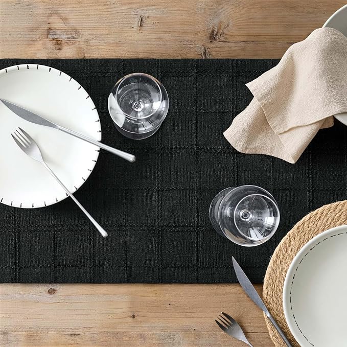 ZeeMart Linen Checked Farmhouse Table Runner, 13x72 Inches Black | Raised Grid Design, Rich Woven Texture, Linen Blend Table Runners 72 Inches Long, Machine Washable, Boho Home Kitchen Decor
