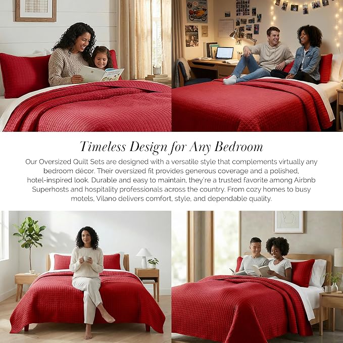Southshore Fine Living, Inc. Red Quilt King Size Set with 2 Pillow Shams, Soft Microfiber Bedspread, Stain & Pet Hair Resistant Bedding, Cal/King Quilt Set with 2 Pillow Shams, Chili Pepper Red