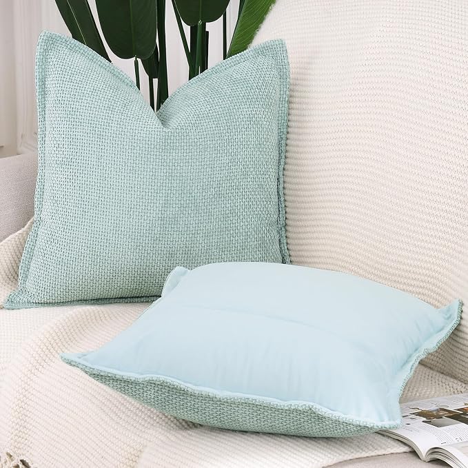 MADIZZ Decorative Chenille Velvet Throw Pillow Covers Set of 2 Soft Boho Textured Neutral Couch Throw Pillow for Bed Modern Farmhouse Home Decor for Sofa Livingroom Aqua Green 18x18 Inch