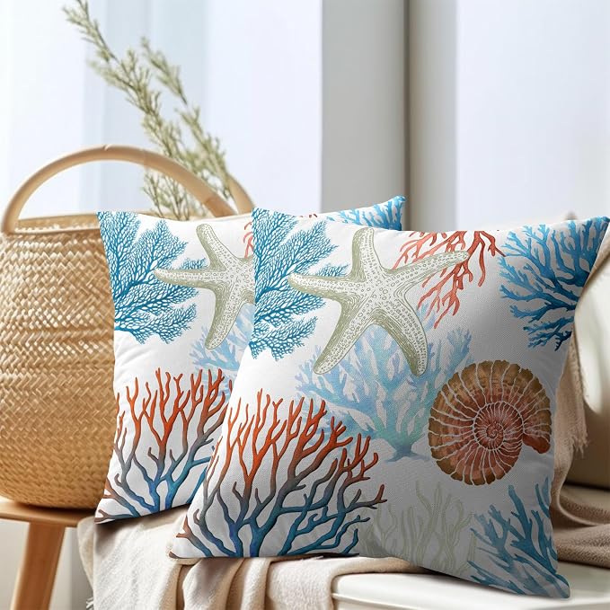 Kawani Coastal Pillow Covers 20x20 Inch Beach Theme Starfish Coral Seashell Outdoor Decorative Throw Pillows Set of 2 Nautical Ocean Blue Pillowcases for Couch Home Decor