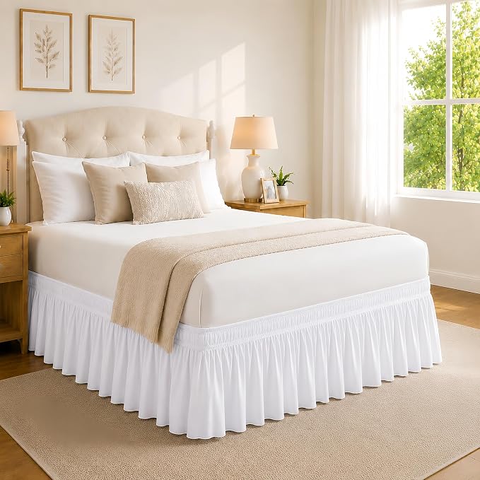 White Bed Skirt Queen Size 14 Inch Drop, Elastic Wrap Around Bedskirt | Solid Ruffled, Easy to Use, No Mattress Lifting, Wrinkle & Fade Resistant, with Adhesive Strips, Machine Wash/Dry/Iron