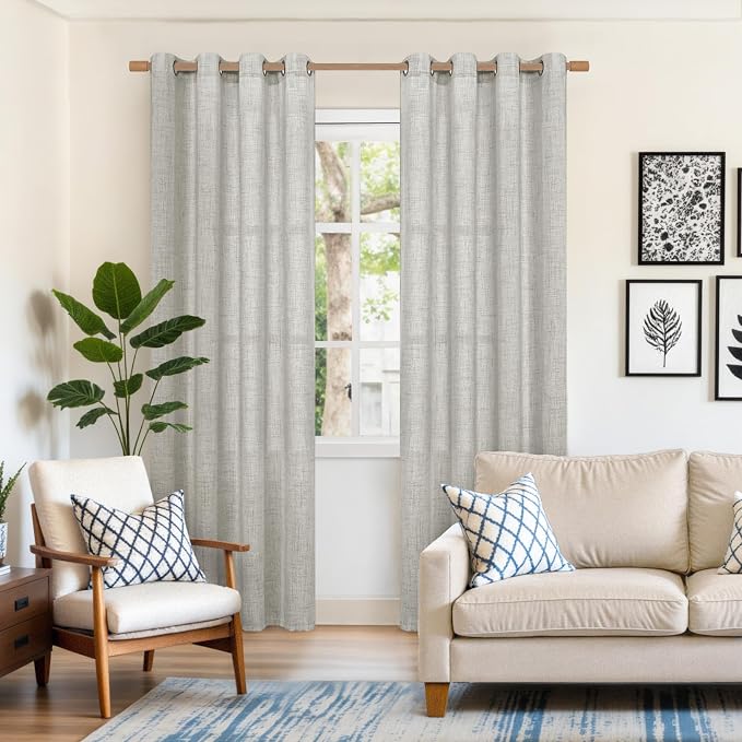YoungsTex Light Grey Linen Curtains 84 Inch Length for Living Room | Bronze Grommet Semi Sheer Window Drapes Textured for Dining Bedroom Light Filtering, 2 Panels, 52 X 84 Inch