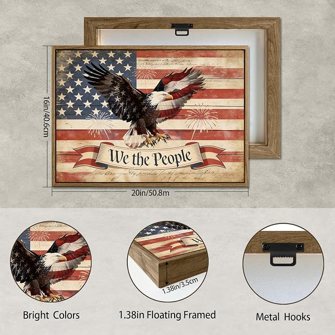 American Flag Framed Canvas Wall Art, 4th of July Patriotic Canvas Prints | USA Flag with Bald Eagle Poster Print, Vintage Independence Day Wall Decor for Bedroom Living Room 16×20in