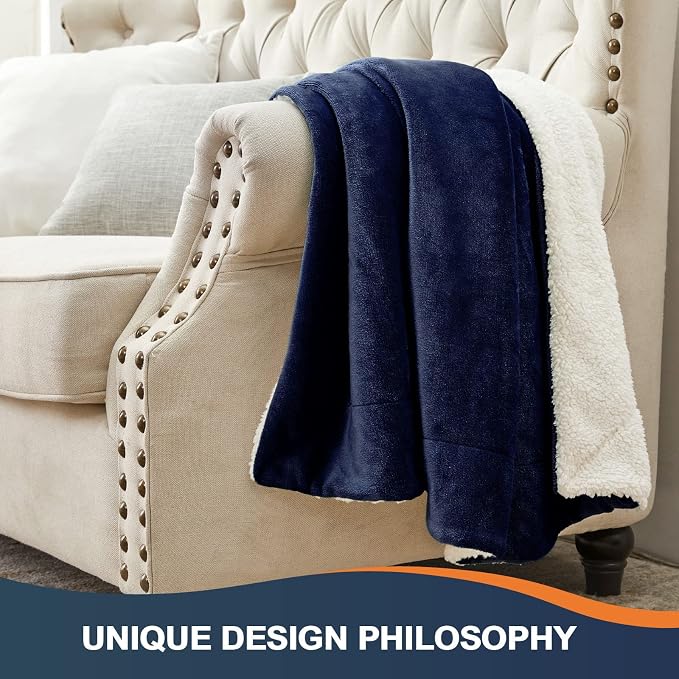 Walensee Sherpa Fleece Blanket (Queen Size 90”x90” Navy) Plush Throw Fuzzy Super Soft Reversible Microfiber Flannel Blankets for Couch, Bed, Sofa Ultra Luxurious Warm and Cozy for All Seasons