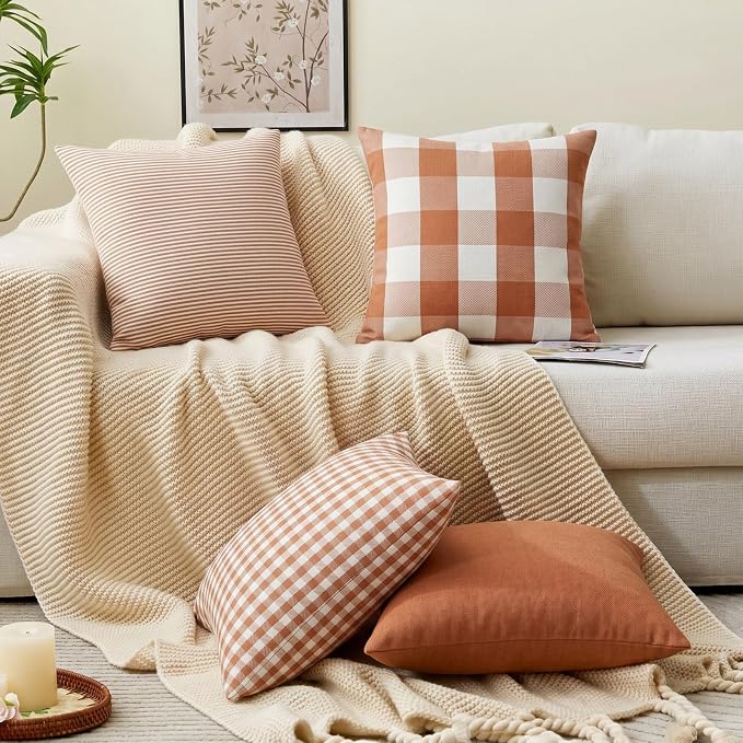 Burnt Orange Fall Buffalo Check Checkered Pillow Covers 18x18 Set of 2 | Cojines De Otoño Para Sala, Thanksgiving Autumn Pillow Covers 18 x 18, Aesthetic Fall Room Decor, Fall Front Porch Pillows