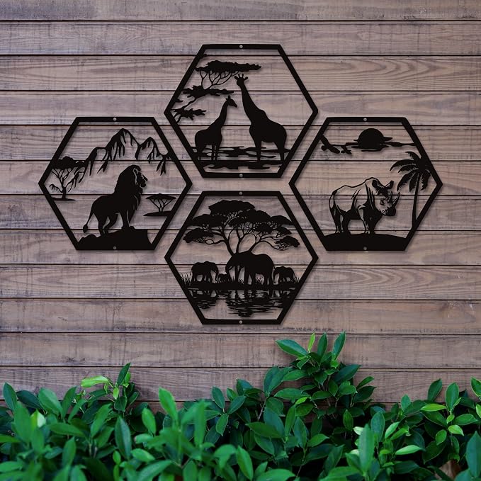 Xedatric African Safari Metal Wall Art 4-Piece Lion Elephant Giraffe Rhino | Matte black finish, rust-resistant, ideal for home or office, wildlife decor.