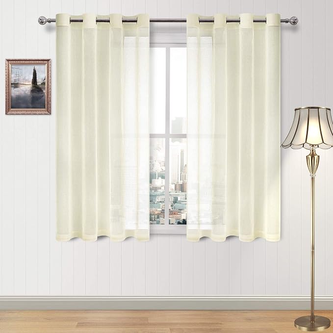 DWCN Ivory Sheer Curtains Linen Look Semi Transparent Voile Grommet Curtains for Living Room Bedroom Drapes 52 x 45 inch Length, Set of 2 Panels