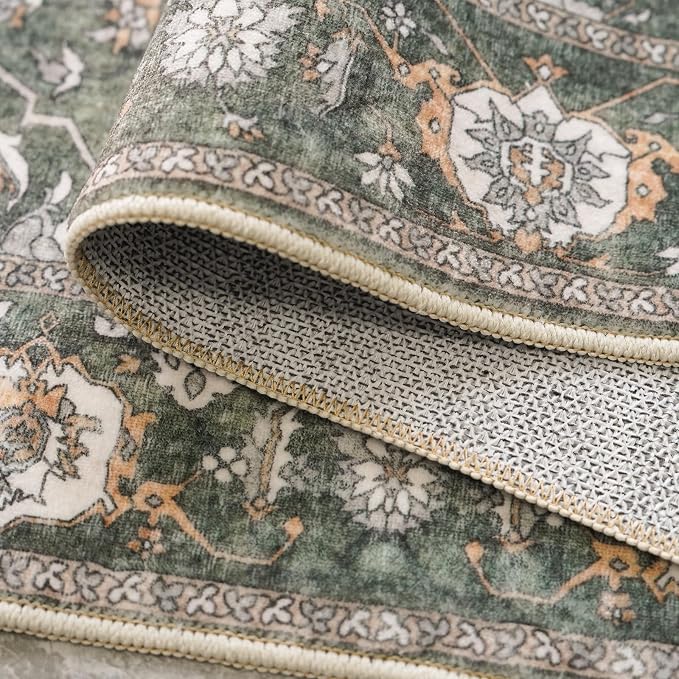 Washable 3x8 Hallway Runner Rug - Kitchen Rugs Ultra Soft Entryway Rug Runner Vintage Floral Floor Mat Non-Slip Low Pile Indoor Farmhouse Carpet for Bathroom Living Room Bedroom (Green,3x8)