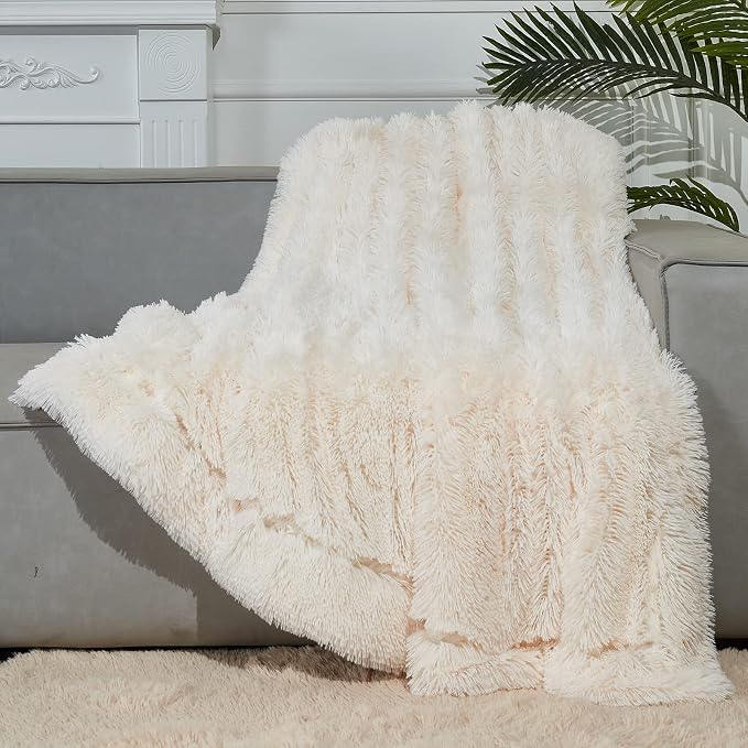 GONAAP Fuzzy Faux Fur Throw Blanket for Couch, Ivory, 40"x50" | Warm Cozy Plush Shaggy Decorative Reversible Thick Non-Heated Fleece Blanket for Sofa Bed, Gift for Women Men, All Season Use