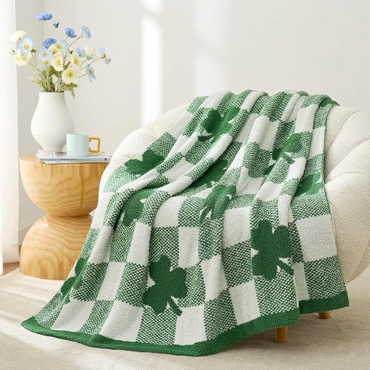 Snuggle Sac St.Patrick's Day Blanket, Lucky Spring Green Clover Shamrock Irish Throw Blanket, Soft Cozy Fuzzy Reversible Checkered Blanket for Couch Sofa Chair, 50x60 inches