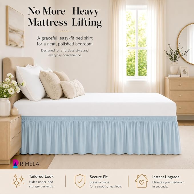 Blue Bed Skirt King Size 18 Inch Drop, Elastic Wrap Around Bedskirt | Solid Ruffled, Easy to Use, No Mattress Lifting, Wrinkle & Fade Resistant, with Adhesive Strips, Machine Wash/Dry/Iron