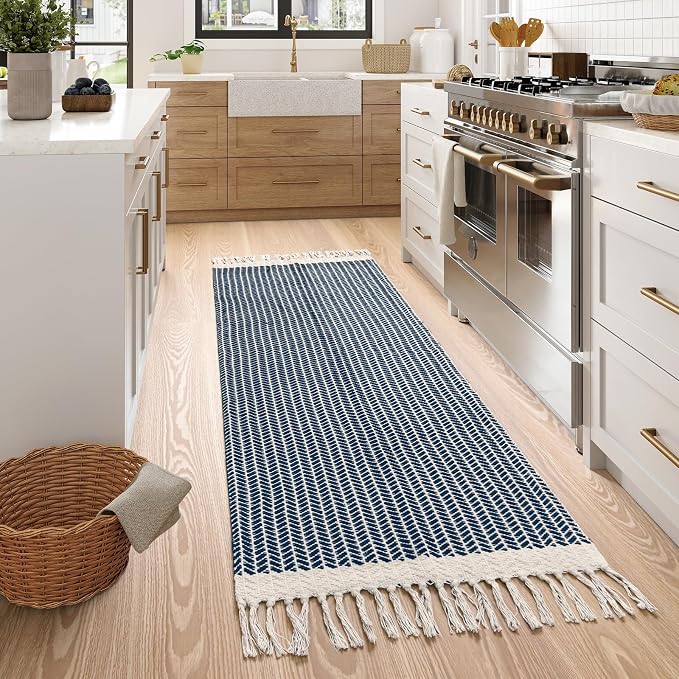 Lahome Boho Bathroom Runner Rug, 2x6 Washable Rugs for Kitchen Hallway | Woven Cotton Laundry Room Throw Carpet with Tassels, Farmhouse Decor Blue Non Shedding Lightweight Mat for Entryway Bath