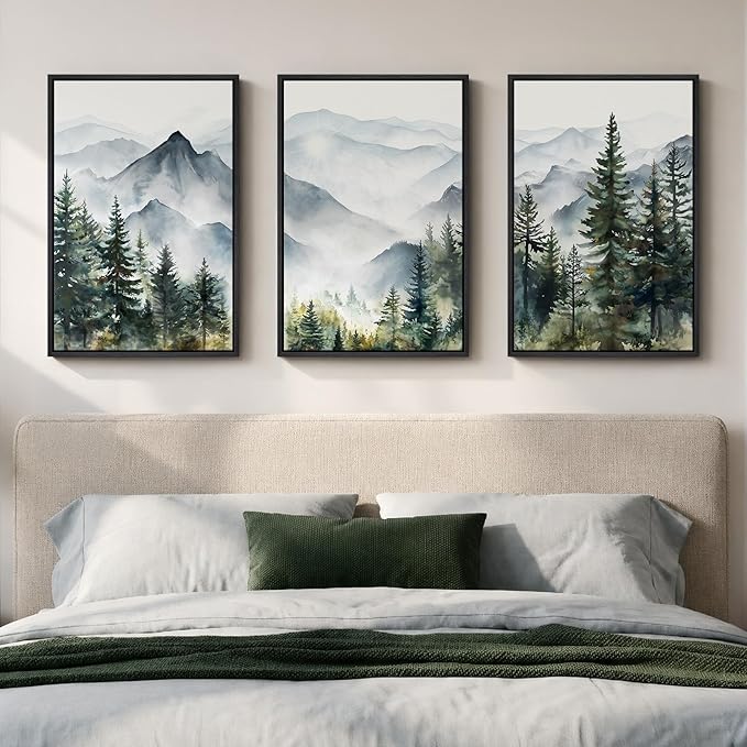 Framed Landscape Wall Art Bedroom, Mountain Forest Canvas Print, 16x24 Inch | 3 piece, Modern, Minimalist, Large, Nature, Green, Foggy scenery, Living room decor, Hallway art, Ready to hang, Wood frame