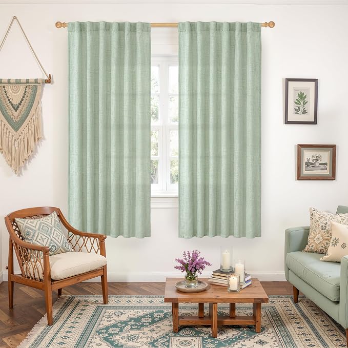 YoungsTex Sage Green Linen Curtains 63 Inch Length for Living Room Windows, Light Filtering Drapes Semi Sheer with Back Tab Rod Pocket for Bedroom, 52 X 63 Inch, 2 Panels
