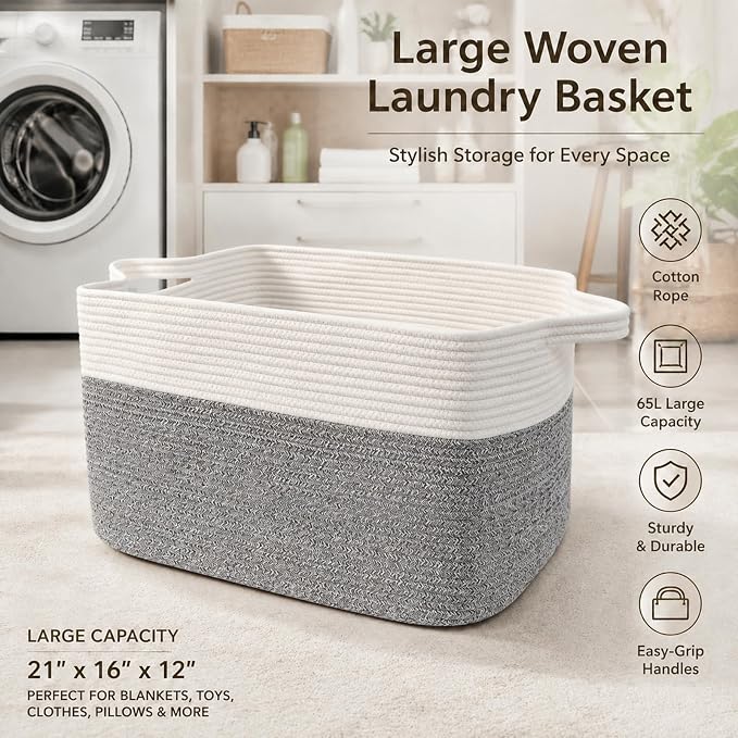 65L Laundry Basket with Handles, Woven Blanket Basket, White/Grey | 21"×16"×12" Collapsible Cotton Rope Storage Basket for Toys Clothes & Pillows, Nursery, Bathroom, Bedroom, Living Room