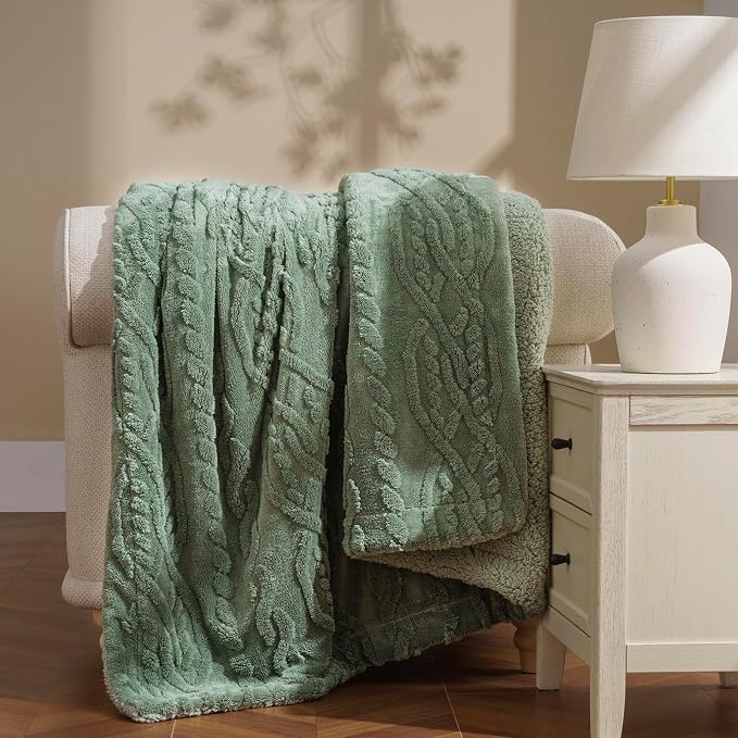 EverGrace Jacquard Reversible Sherpa Throw Blanket, 50" x 60", Sage Green | Jacquard Sherpa Throw Blanket, Super Soft, Cozy Plush Blanket, Reversible Thick Warm Throw for Bed, Sofa, Living Room