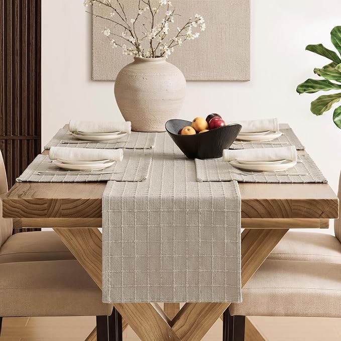 ZeeMart Artisanal Grid Linen Table Runner, 13x48 Inches Oatmeal | Heavy Textured, Durable Thick Fabric, Farmhouse Handwoven Feel Linen Runner, Easy Care Table Decor for Kitchen Dining Room