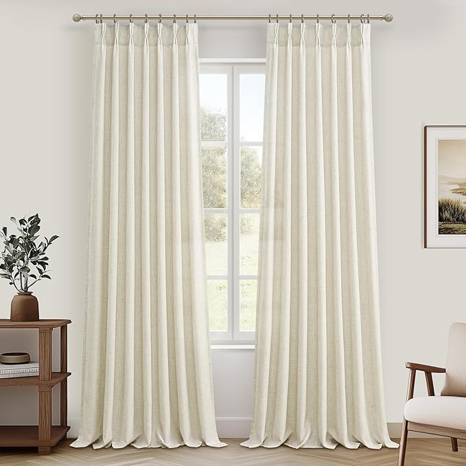 Extra Long 112 Inch Cream Pinch Pleat High Ceiling Curtains for Classroom 2 Panels Set, Memory Shape Light Filtering Privacy Flax Linen Luxury Window Curtain Semi Sheer Energy Efficient Viral Drapes
