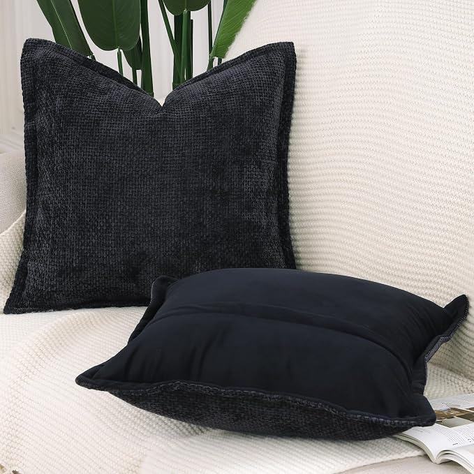 MADIZZ Decorative Chenille Velvet Throw Pillow Covers Set of 2 Soft Boho Textured Neutral Couch Throw Pillow for Bed Modern Farmhouse Home Decor for Sofa Livingroom Black 20x20 Inch