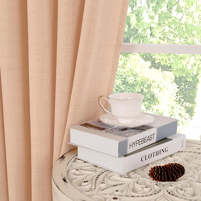 YoungsTex Peach Linen Curtains 84 Inch Length for Living Room 2 Panels | Light Filtering Drapes with Bronze Grommet for Dining Bedroom Window, 52 x 84 Inch