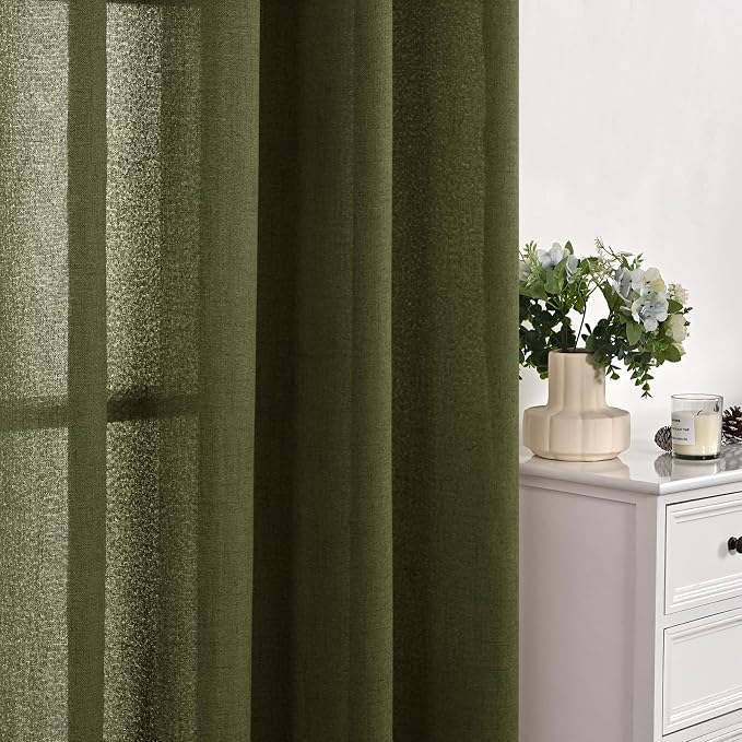 YoungsTex Olive Linen Curtains 54 Inch Length 2 Panels for Living Room | Dark Green Semi Sheer Drapes Light Filtering with Bronze Grommet for Bedroom Short Window, 42 X 54 Inch