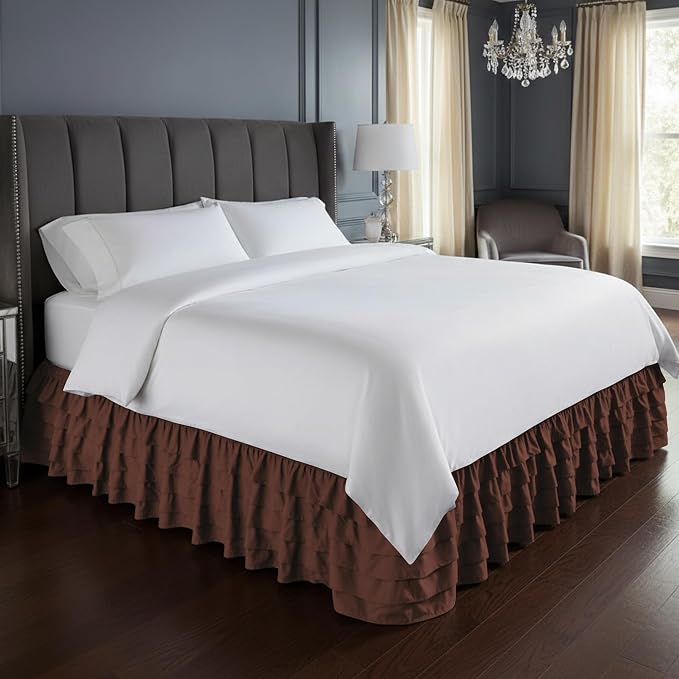 Elegant Comfort Luxurious Premium Quality 1500 Thread Count Wrinkle and Fade Resistant Egyptian Quality Microfiber Multi-Ruffle Bed Skirt - 15inch Drop, Queen, Chocolate Brown