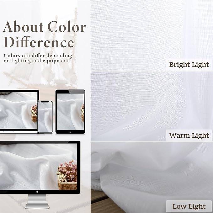 Solid White Curtains 96 Inches Long for Living Room 2 Panel Set Back Tab Pocket Opaque Draperies Semi Sheer Linen Light Filtering Curtain for Bedroom Floor Length Crisp Vintage Beach Country Chic 8 FT