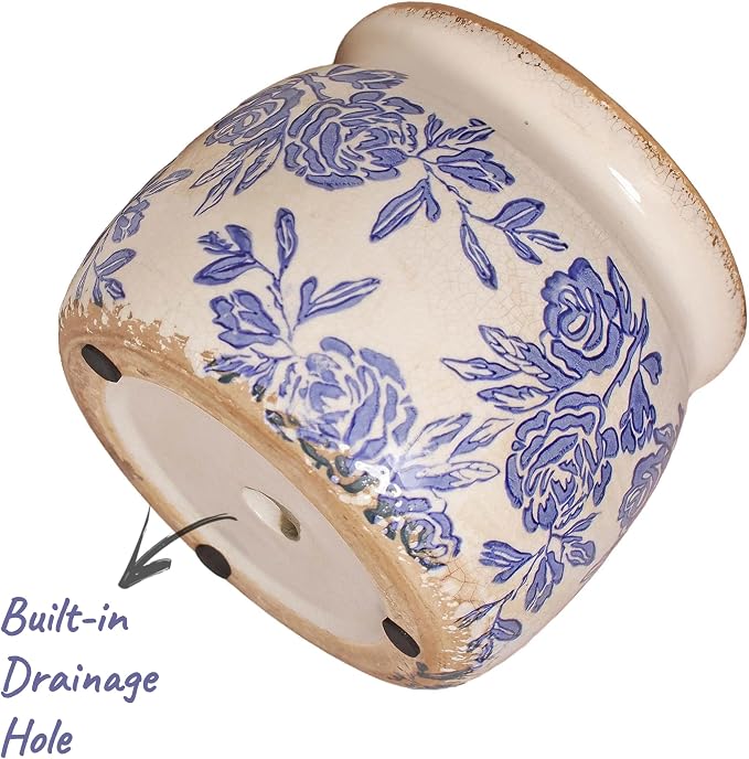 Chinoiserie Ceramic Plant Pot for Garden Decor, 6.3in Rustic Farmhouse Planter with Drainage Hole for House Plants, Blue and White Vase for Centerpiece, Kitchen & Office Decoration, Plant Lover Gifts