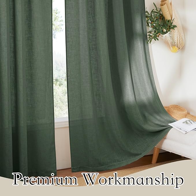 RYB HOME Farmhouse Boho Linen Sheer Curtains 90 inches Long for Living Room | Flax Linen Blend,Light Filtering,Semi Sheer,Wrinkle Resistance,Back Tab,Dorm Dining Room,W52 x L90,2 Panels,Hunter Green