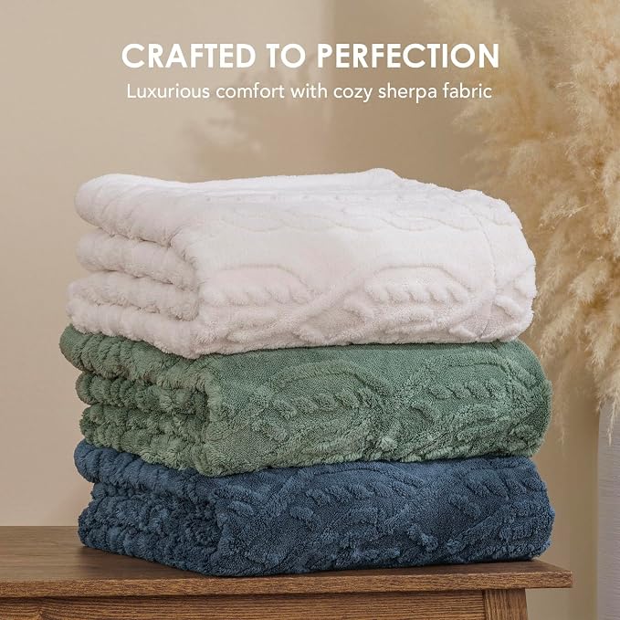 EverGrace Jacquard Reversible Sherpa Throw Blanket, 50" x 60", Bleach White | Jacquard Sherpa Throw Blanket, Super Soft, Cozy Plush Blanket, Reversible Thick Warm Throw for Bed, Sofa, Living Room