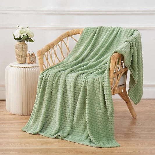 Puncuntex Fleece Throw Blanket Sage Green 60"×80" with Square Grid Design | Super Soft Plush Cozy Flannel Throw Blanket Luxury for Couch Sofa Chair
