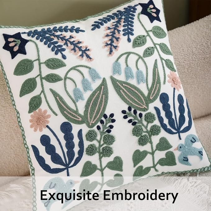 Embroidered Throw Pillow Covers 18x18 inch Set of 2 Blue Birds | Durable Fabric,Square Pillow Cover,Boho Decorative,Hidden Zipper,Aesthetic Design,Ideal Gift,Machine Washable