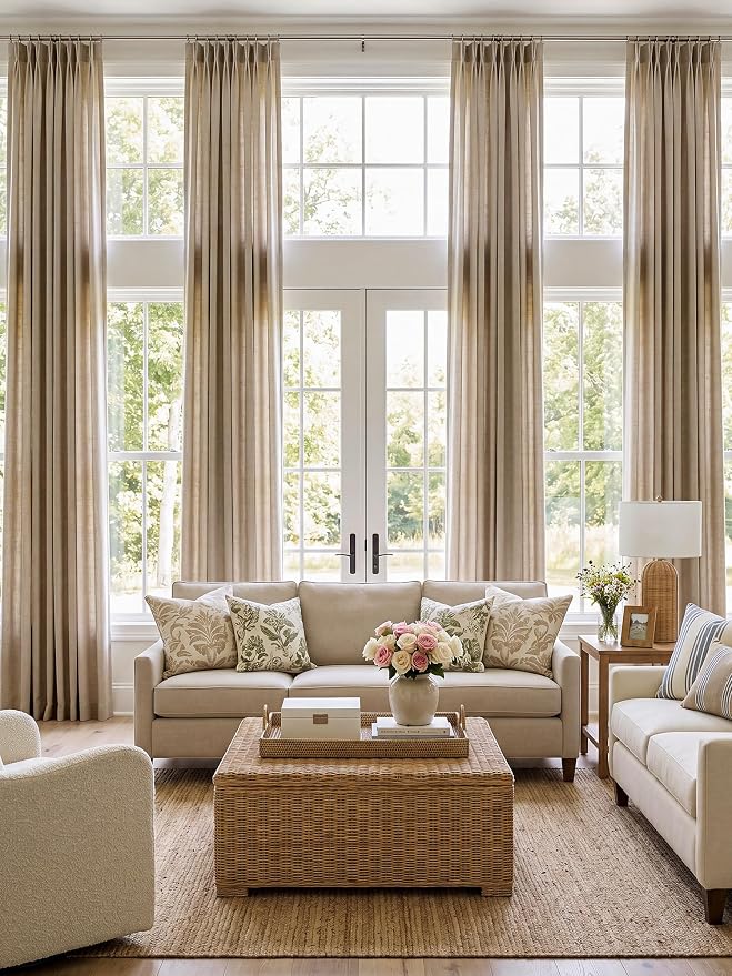 Liz Pinch Pleated Linen Curtains Light Filtering Curtains for Living Room, Farmhouse Window Curtains for Bedroom, Modern Drapes with Hooks and Rings, 102 Inches Long, Burlywood Birch, 2 Panels Set
