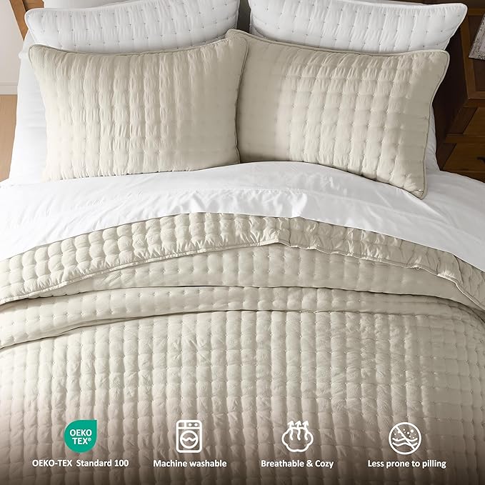 WDCOZY Beige Queen Size Quilts Bedding Sets with 2 Pillow Shams, Neutral Lightweight Soft Bedspread Coverlet, Quilted Blanket Thin Comforter Bed Cover for All Season, 3 Pieces, 90x90 inches