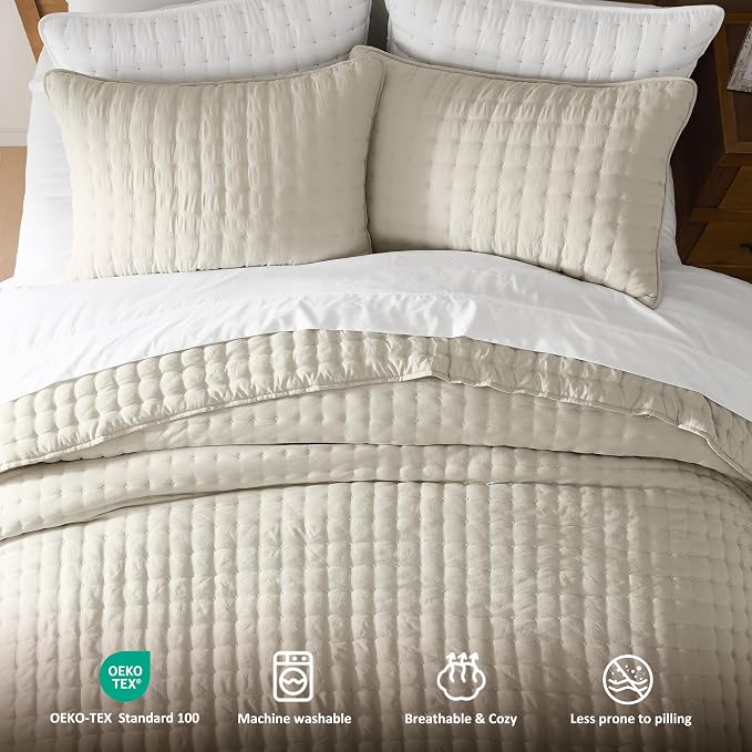 WDCOZY Beige King Size Quilt Bedding Sets with 2 Pillow Shams, Neutral Lightweight Soft Bedspread Coverlet, Quilted Blanket Thin Comforter Bed Cover for All Season, 3 Pieces, 104x90 inches
