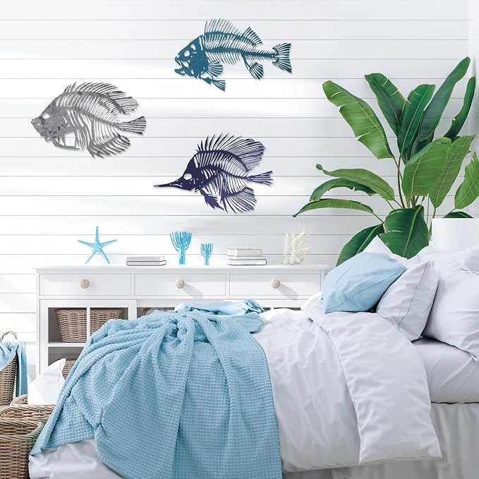 Zhengmy 3 Pcs Metal Fish Wall Art Fishing Wall Decor Hanging Metal Fish Bone Rustic Nautical Style Sign Plaque for Indoor Outdoor Office Home Bedroom Bathroom Living Room Window(Various Color)