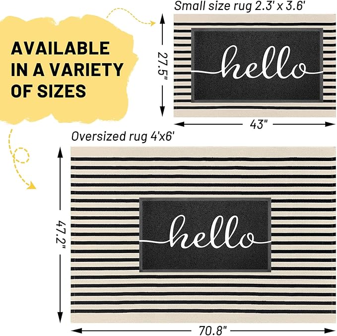 KILOCOCO Beige Striped Rug 4x6 Indoor Outdoor Rugs Washable Front Door Rugs | Cotton Front Porch Rug, Woven Living Room Rug, Low Pile Welcome Mat for Entryway, Layered Farmhouse Kitchen Patio Carpet