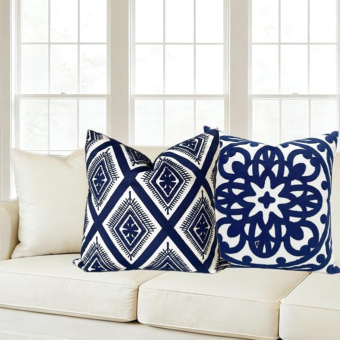 Slow Cow Embroidery Navy Blue Pillow Covers Cushion Covers Invisible Zipper for Living Room 18 x18 Inch