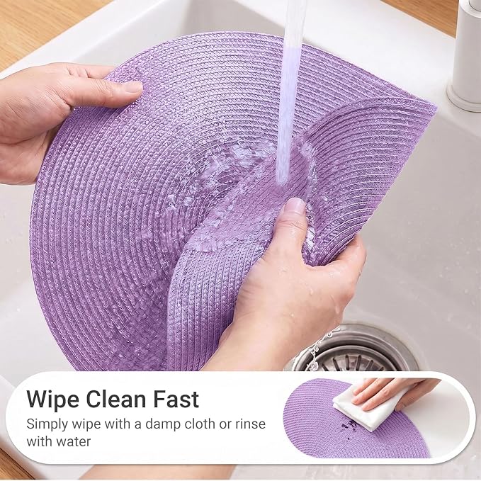 FunWheat Round Braided Placemats Set of 4 Table Mats for Dining Tables Woven Washable Non-Slip Place mats 15 inch(Lilac Purple,4pcs)