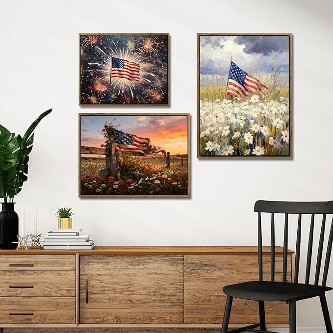 American Flag Framed Canvas Wall Art, 4th of July Patriotic Canvas Prints | Wildflower Meadow Landscape Poster Print, Vintage Rustic Independence Day Wall Decor for Bedroom Living Room 8×10in
