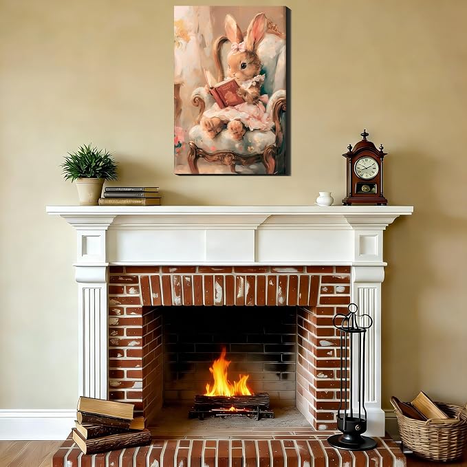 RIBNTAK Large Rabbit Reading Book Canvas Wall Art 24x36, Framed Easter Bunny Art Prints Rustic Paintings Pictures for Kids Friends Home Bedroom Living Room Holiday Wall Decor