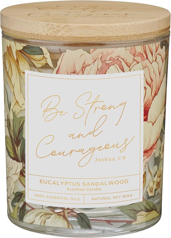 Christian Art Gifts Soy Wax Scented Candle: Joshua 1:9 Bible Verse, Eucalyptus Sandalwood Scent, Pure Essential Oils, 4.5 oz, Up to 20 Hours Burn Time, Glass Jar w/Bamboo Lid, Encouragement Gift