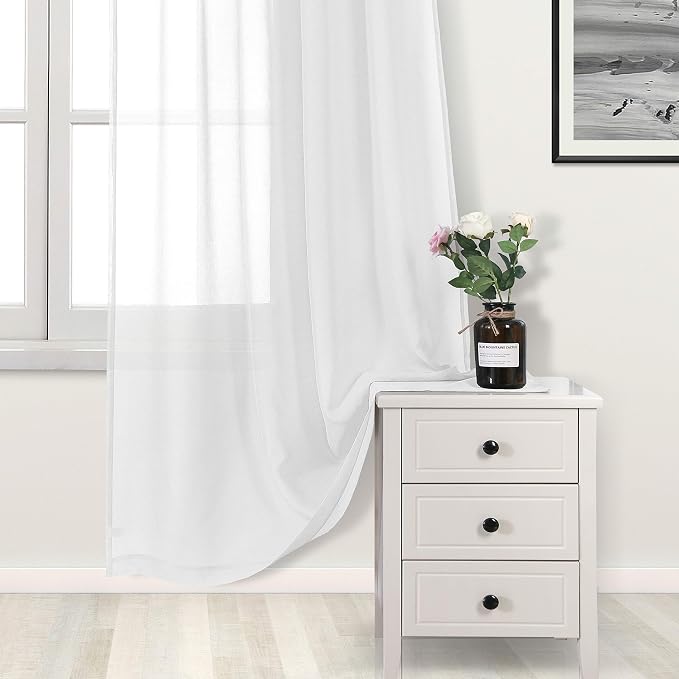 DWCN White Sheer Curtains, Grommet Top Faux Linen Look Voile Semi Transparent Solid Window Sheer Curtains Drapes for Bedroom Living Room, Set of 2 Panels 42 x 90 Inch Long, White