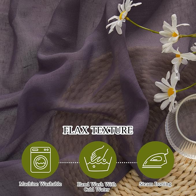 NICETOWN Flax Linen Sheer Curtains for Patio Sliding Door, Grommet Semi Sheer Linen Blend Curtains Privacy Drapes with Light Filter for Villa/Cottage, W70 x L84, Purple Brown, 1 Pair