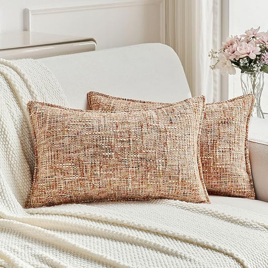 FUTEI Pack of 2 Chenille Tweed Vintage Throw Pillow Covers 12x20 Inch Soft Decorative Lumbar Pillowcase Modern Farmhouse Accent for Couch Bed Living Room, Rust