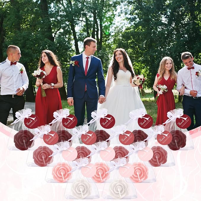 Treela 50 Set Rose Flower Candles, Burgundy Wedding Favors for Guests