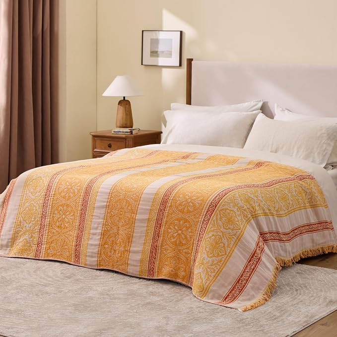 100% Cotton Boho Throw Blanket for Home Decor – Classic Farmhouse Quilt Bedding, Muslin Blankets for Adults, Vintage Woven Decorative Blanket for Couch, Bed Layering Use, Bohemian Stripe, 90"x90"