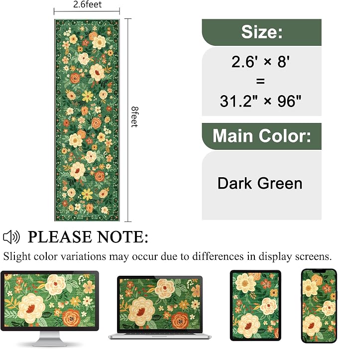 DUKINO 2.6x8 Runner Rug, Washable Rug for Hallway Non Slip, Dark Green | Low Pile, Soft, Floral Indoor Rug for Kitchen, Entryway, Bedroom, Bathroom, Pet Friendly, Stain Resistant, Modern Home Decor